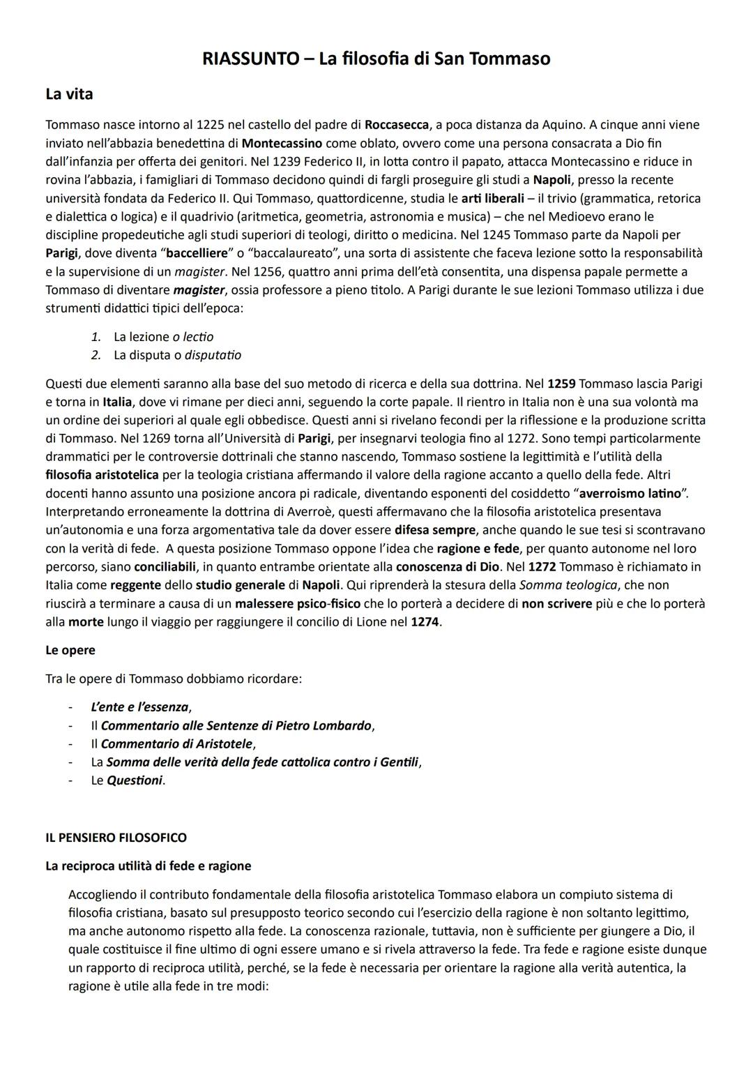 # La vita
RIASSUNTO - La filosofia di San Tommaso
Tommaso nasce intorno al 1225 nel castello del padre di Roccasecca, a poca distanza da A