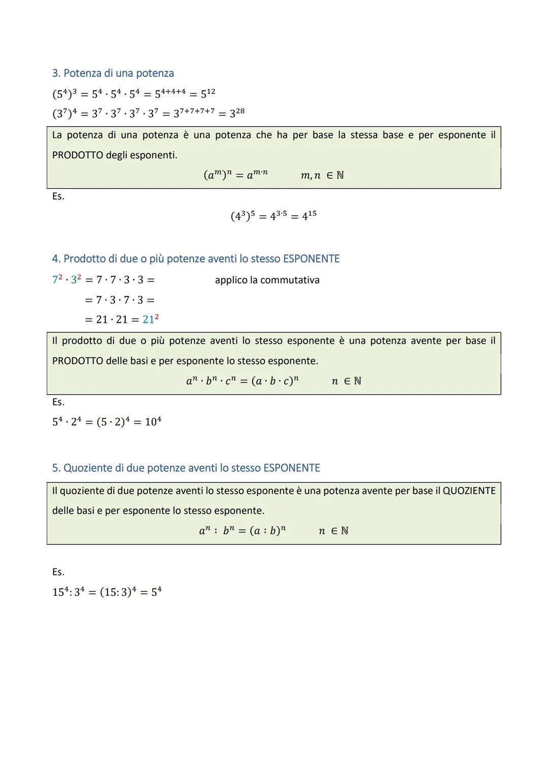 Le potenze
Def.
Si chiama POTENZA il prodotto di n (n E N) fattori tutti uguali fra loro. Il fattore che si ripete è
chiamato BASE, il numer