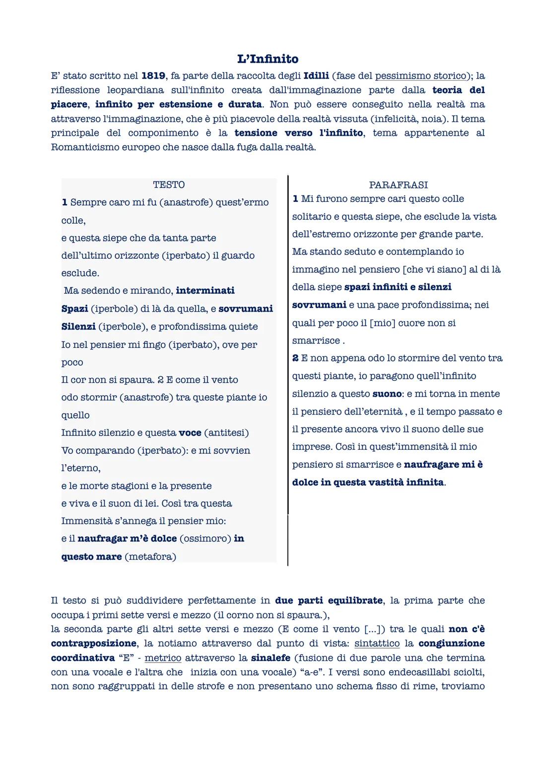 L'Infinito
E' stato scritto nel 1819, fa parte della raccolta degli Idilli (fase del pessimismo storico); la
riflessione leopardiana sull'in