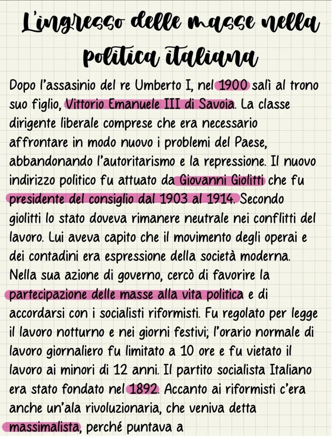 L'ingresso delle masse nella
politica italiana
Dopo l'assasinio del re Umberto I, nel 1900 salì al trono
suo figlio, Vittorio Emanuele III d