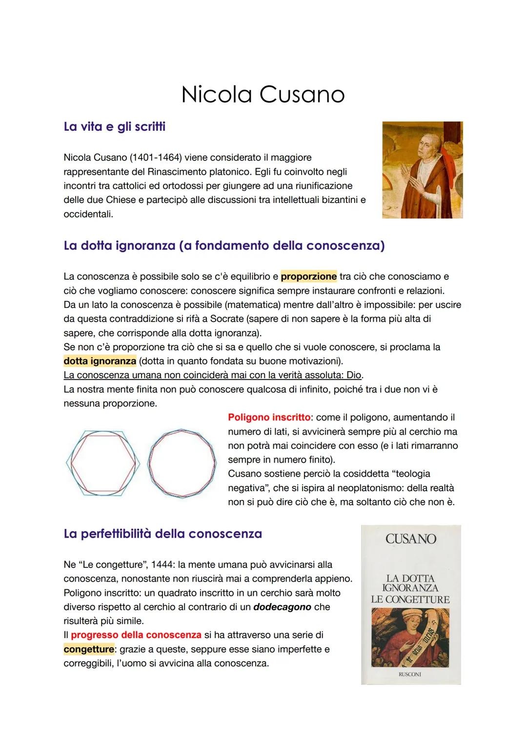 # Nicola Cusano
La vita e gli scritti
Nicola Cusano (1401-1464) viene considerato il maggiore
rappresentante del Rinascimento platonico. E