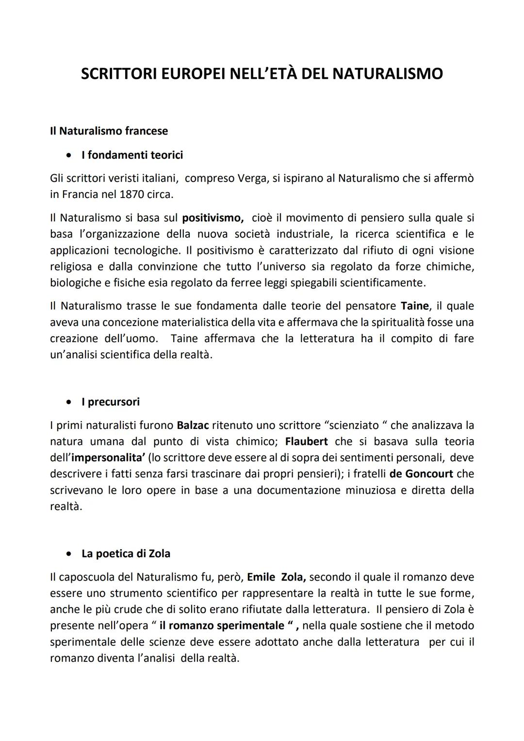# SCRITTORI EUROPEI NELL'ETÀ DEL NATURALISMO
II Naturalismo francese
* I fondamenti teorici
Gli scrittori veristi italiani, compreso Ve
