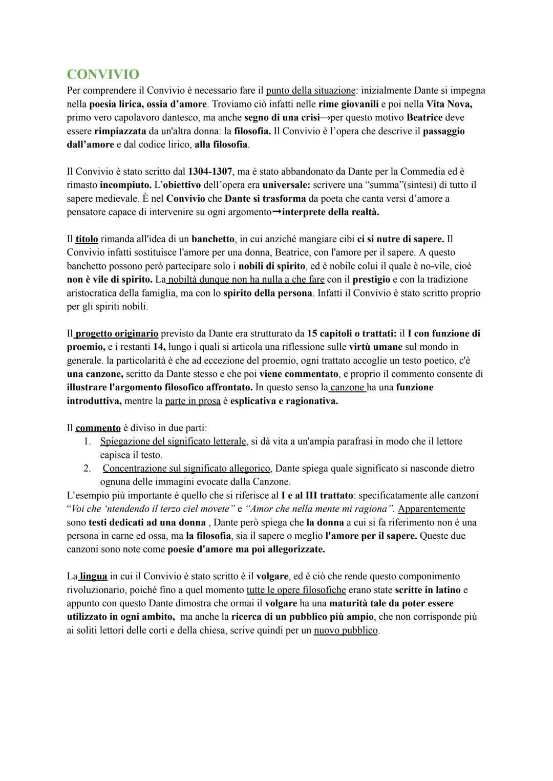 CONVIVIO
Per comprendere il Convivio è necessario fare il punto della situazione: inizialmente Dante si impegna
nella poesia lirica, ossia