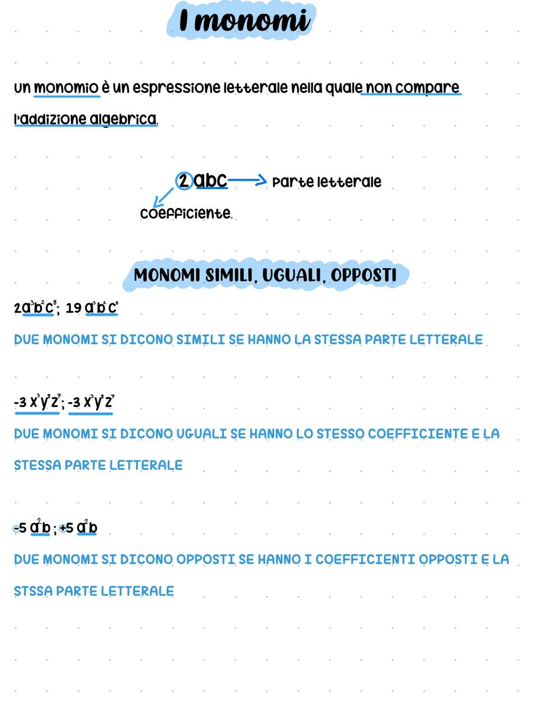 # I monomi
un monomio è un espressione letterale nella quale non compare
Paddizione algebrica.
2 abc parte letterale
coefficiente.
MONOM