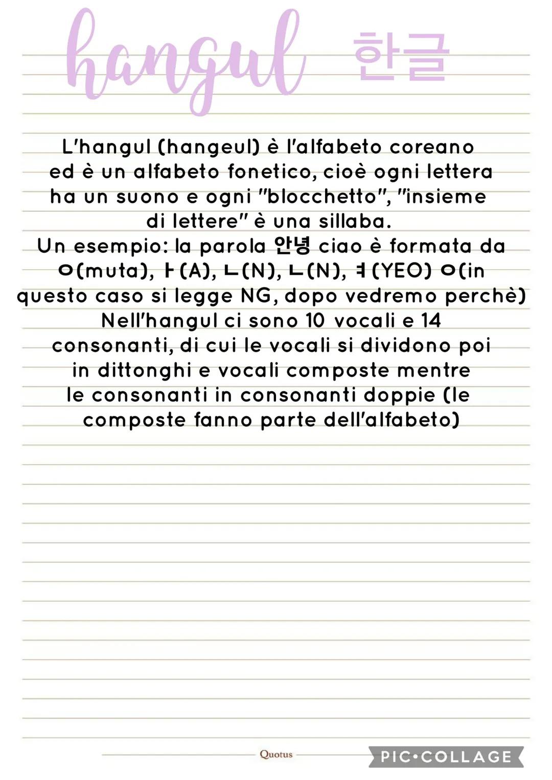# hangul 한글
L'hangul (hangeul) è l'alfabeto coreano
ed è un alfabeto fonetico, cioè ogni lettera
ha un suono e ogni "blocchetto", "insieme
