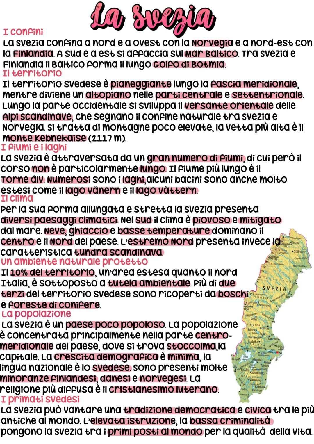 La Svezia
I confini
La Svezia confina a nord e a ovest con la Norvegia e a nord-est con
la Finlandia. A sud e a est si affaccia sul Mar Balt