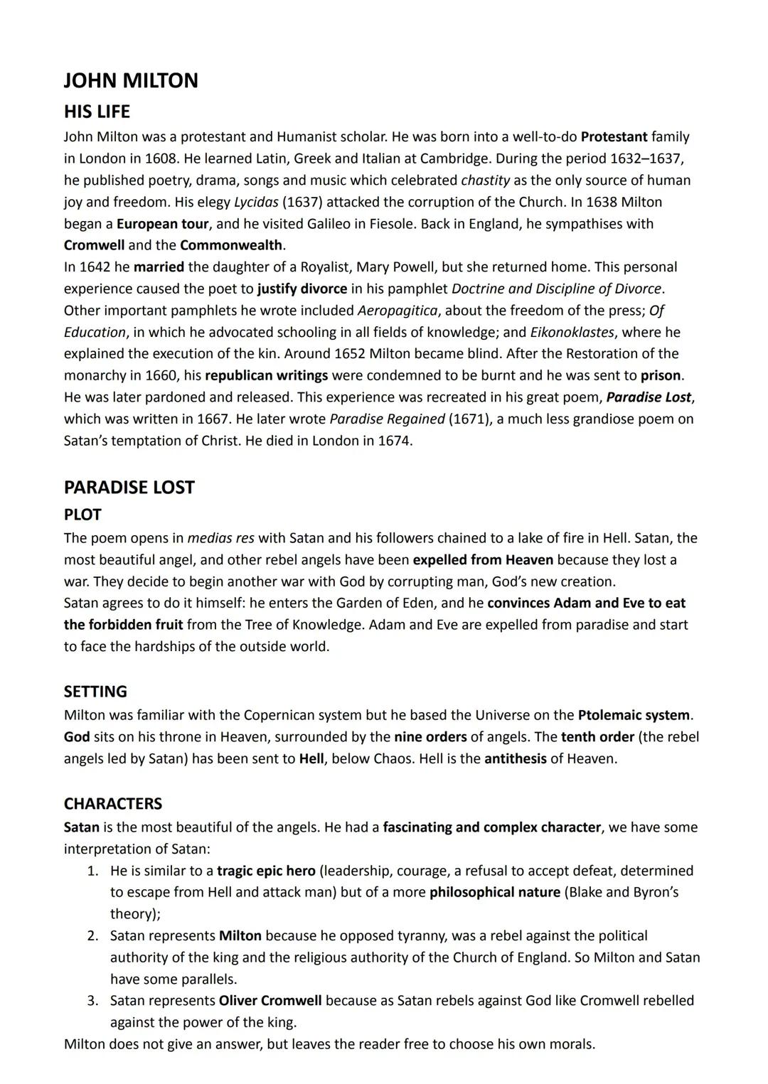 John Milton and Paradise Lost