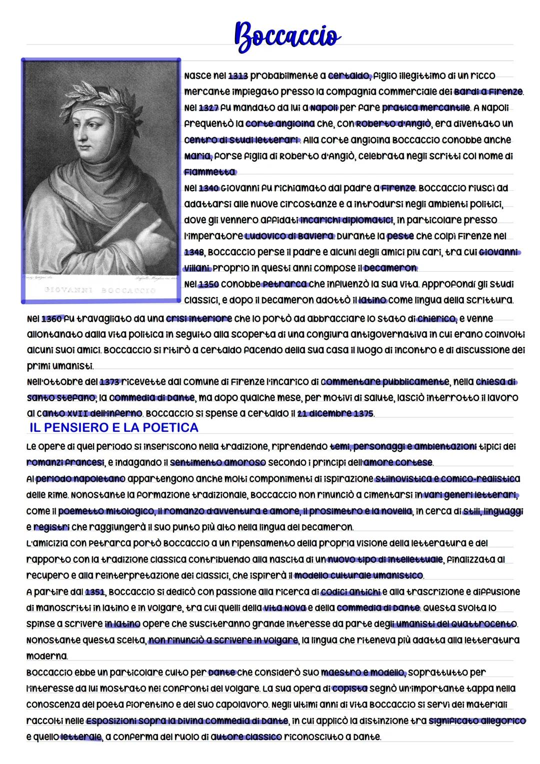 # Boccaccio
Nasce nel 1313 probabilmente a certaldo, figlio illegittimo di un ricco
mercante impiegato presso la compagnia commerciale dei