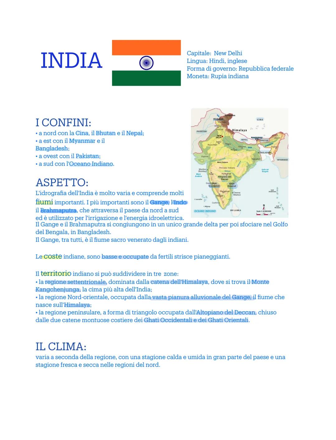 INDIA
Capitale: New Delhi
Lingua: Hindi, inglese
Forma di governo: Repubblica federale
Moneta: Rupia indiana
I CONFINI:
* a nord con la