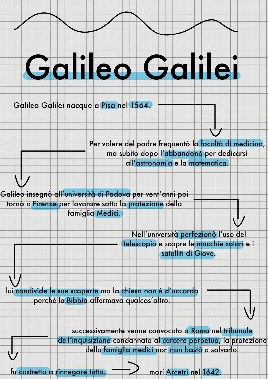 Galileo Galilei
Galileo Galilei nacque a Pisa nel 1564.
Per volere del padre frequentรฒ la facoltร di medicina,
ma subito dopo l'abbandonรฒ pe