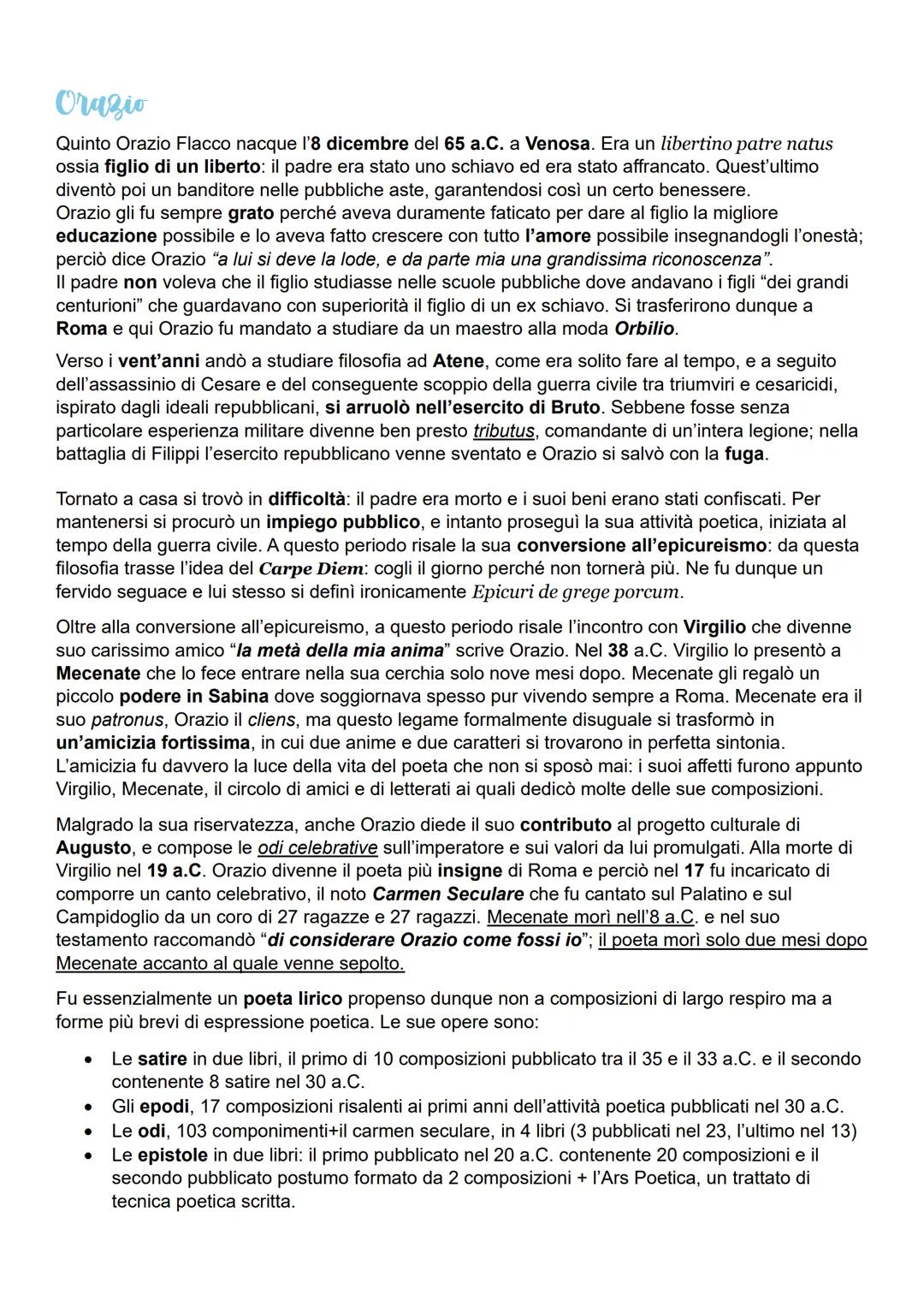# Orazio
Quinto Orazio Flacco nacque l'8 dicembre del 65 a.C. a Venosa. Era un libertino patre natus
ossia figlio di un liberto: il padre e