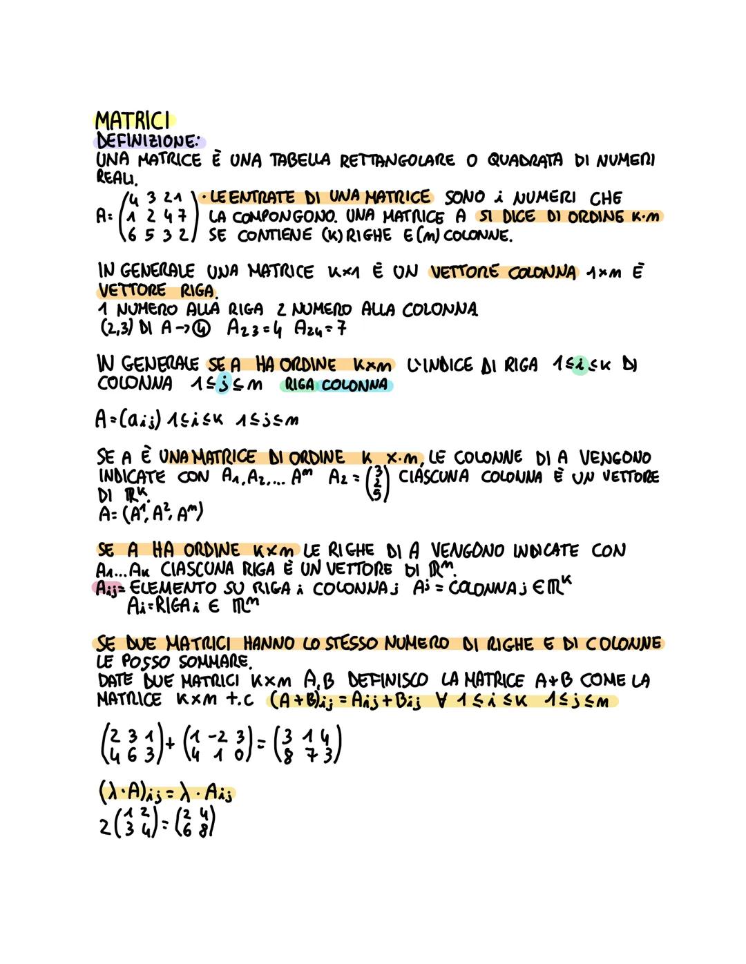 MATRICI
DEFINIZIONE:
UNA MATRICE È UNA TABELLA RETTANGOLARE O QUADRATA DI NUMERI
REALI,
$A:\begin{pmatrix}4 & 3 & 2 & 1\\1 & 2 & 4 & 7\\6 &
