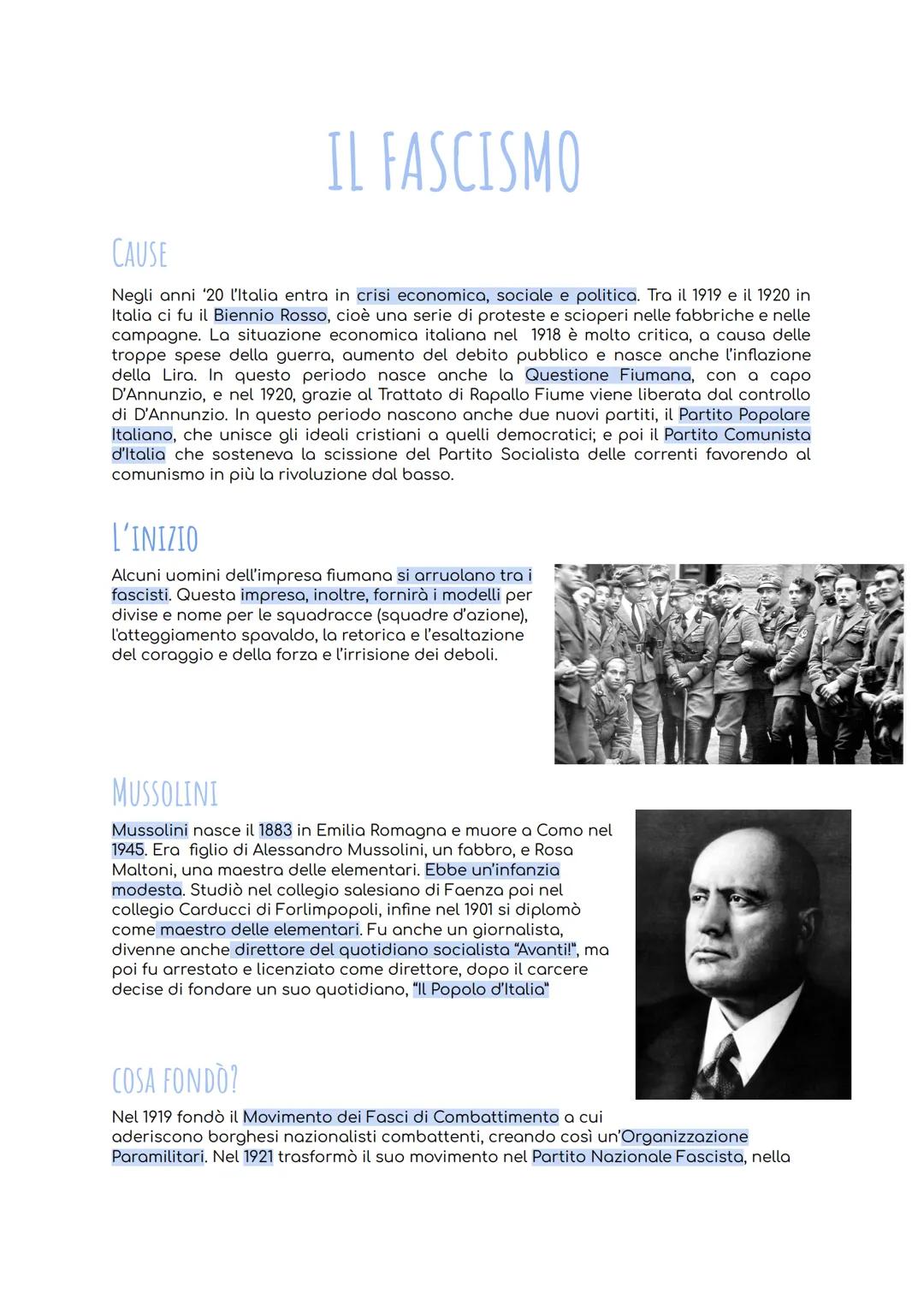 IL FASCISMO
CAUSE
Negli anni '20 l'Italia entra in crisi economica, sociale e politica. Tra il 1919 e il 1920 in
Italia ci fu il Biennio Ros