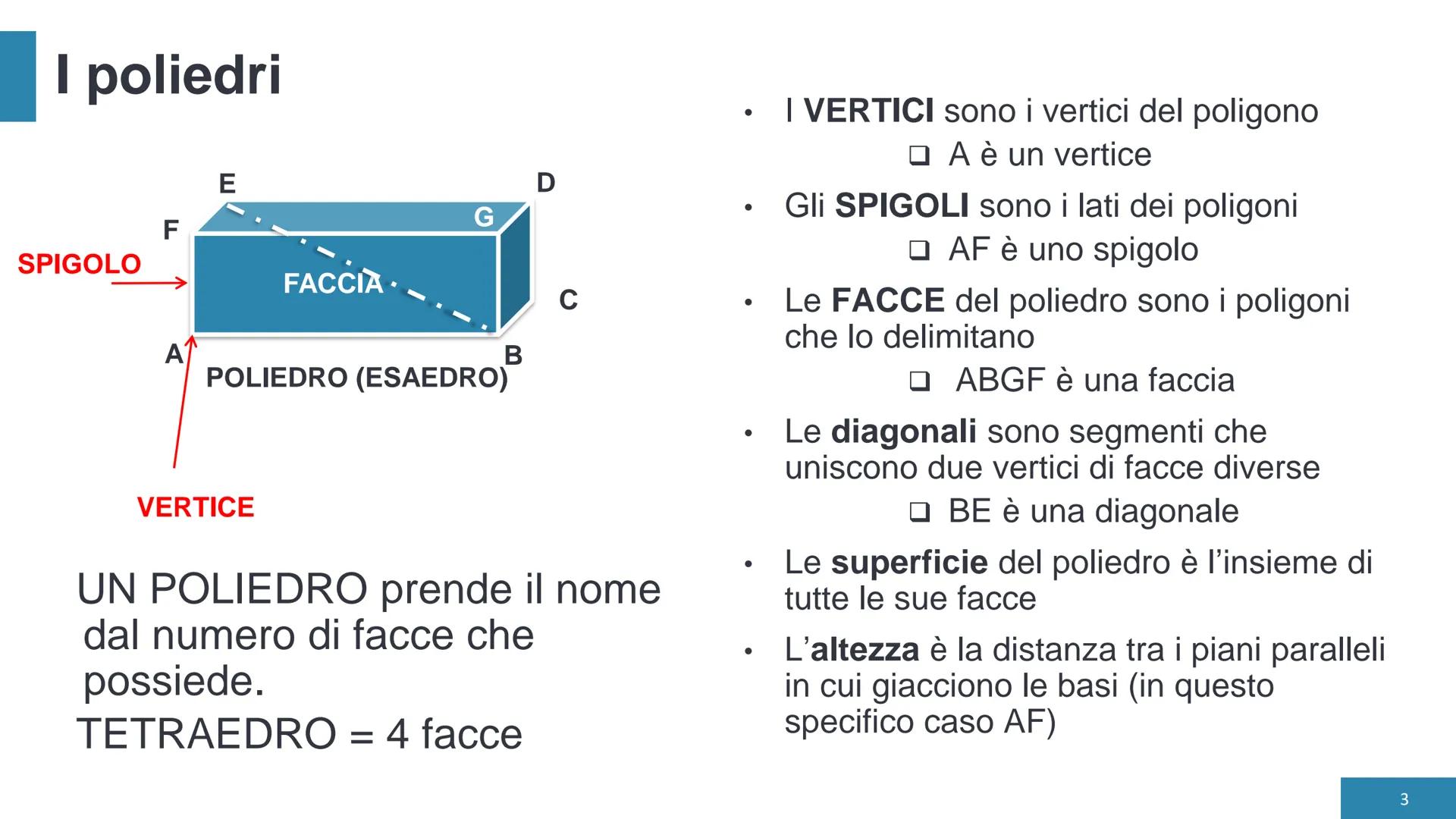 # I solidi # I solidi
POLIEDRO
Si chiama **poliedro** un solido delimitato da
poligoni situati su piani diversi e disposti in
modo tale ch