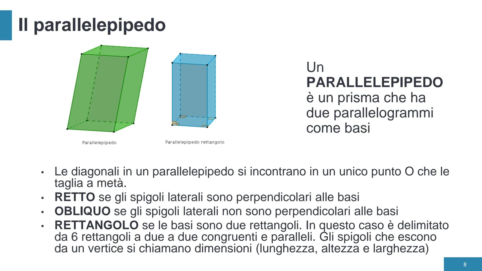 # I solidi # I solidi
POLIEDRO
Si chiama **poliedro** un solido delimitato da
poligoni situati su piani diversi e disposti in
modo tale ch