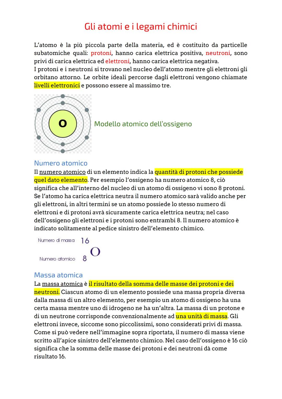 # Gli atomi e i legami chimici
L'atomo è la più piccola parte della materia, ed è costituito da particelle
subatomiche quali: protoni, hann