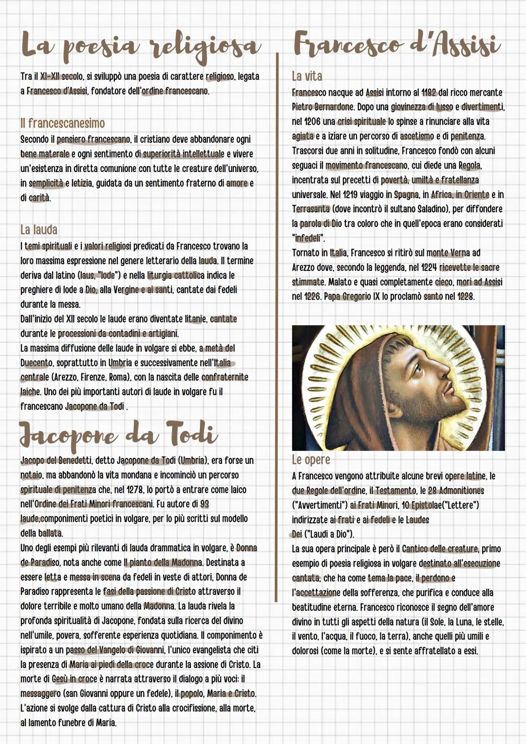 # La poesia religiosa Francesco d'Assisi
Tra il XI-XII secolo, si sviluppò una poesia di carattere religioso, legata
a Francesco d'Assisi,