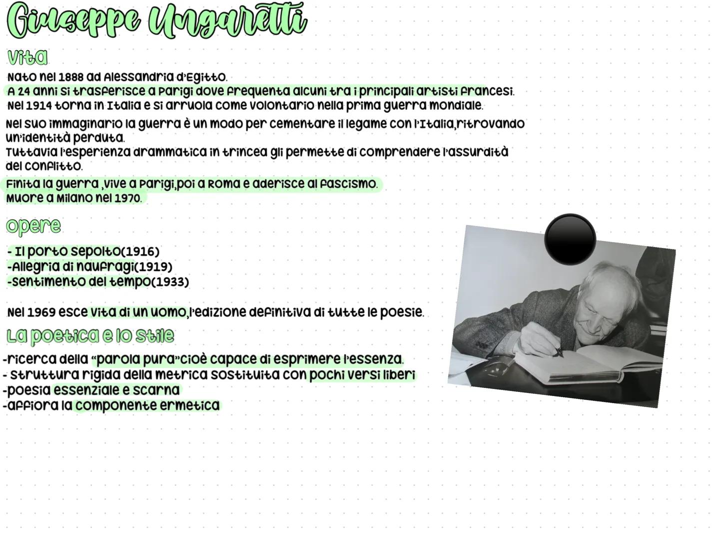 # Giuseppe Ungaretti
Vita
Nato nel 1888 ad Alessandria d'Egitto.
A 24 anni si trasferisce a Parigi dove frequenta alcuni tra i principali