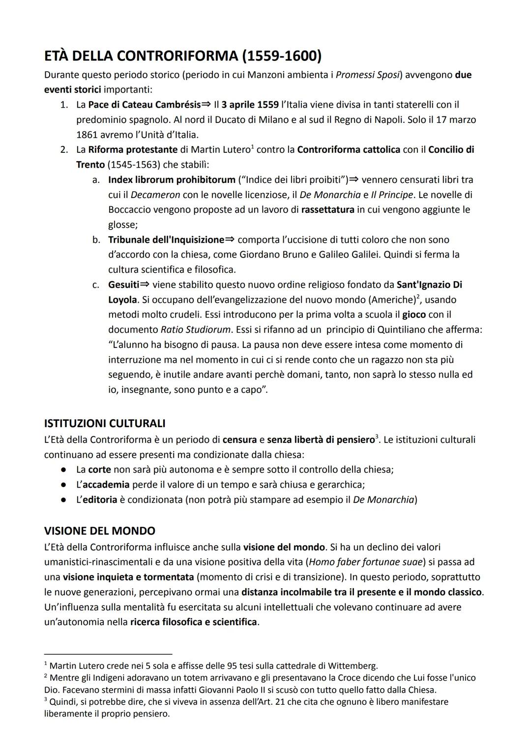 # ETÀ DELLA CONTRORIFORMA (1559-1600)
Durante questo periodo storico (periodo in cui Manzoni ambienta i Promessi Sposi) avvengono due
event