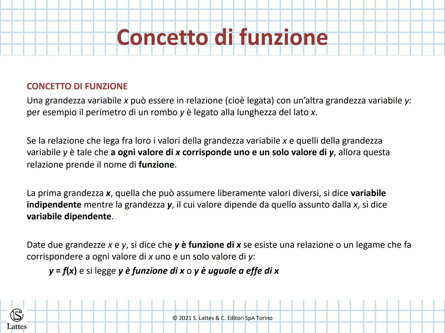 Proporzionalità
Lattes diretta e inversa
$y=f(x)$
2021 S. Lattes & C. Editori SpA Torino # Concetto di funzione
CONCETTO DI FUNZIONE
Una