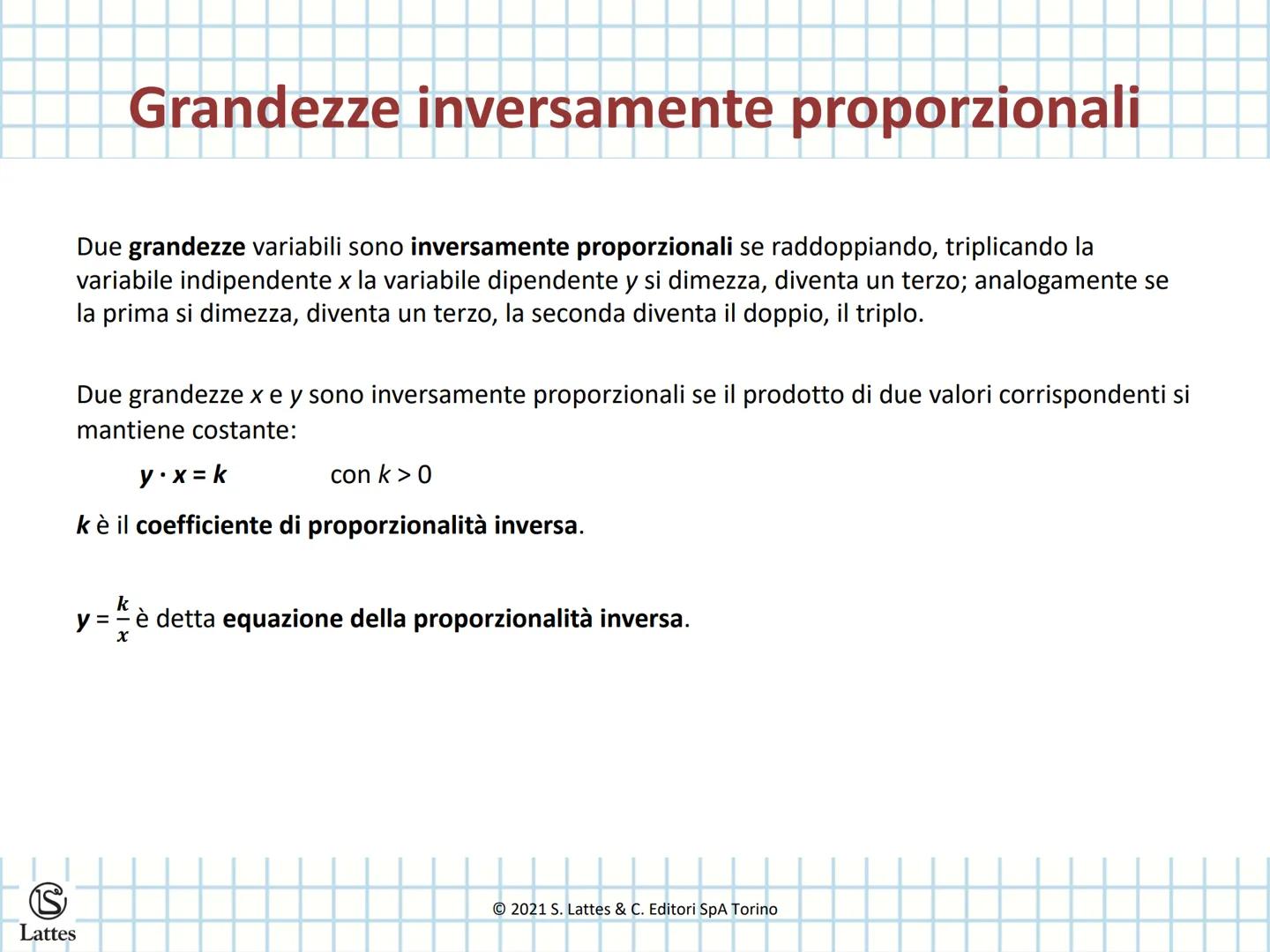 Proporzionalità
Lattes diretta e inversa
$y=f(x)$
2021 S. Lattes & C. Editori SpA Torino # Concetto di funzione
CONCETTO DI FUNZIONE
Una
