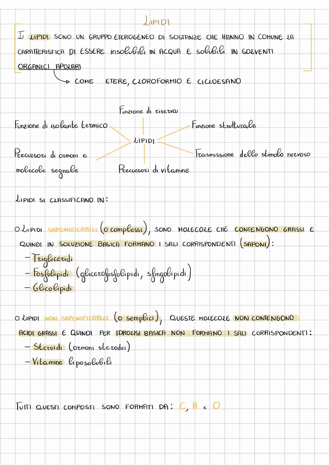 # LIPIDI
I LIPIDI SONO UN GRUPPO ETEROGENEO DI SOSTANZE CHE HANNO IN COMUNE LA
CARATTERISTICA DI ESSERE insolubili IN ACQUA E Solubili IN S
