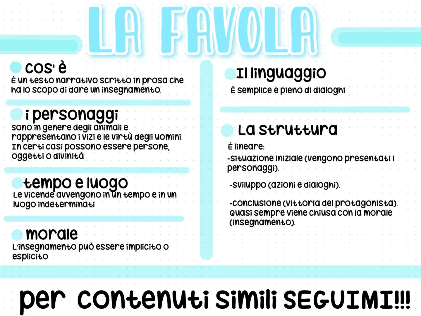 # LA FAVOLA
cos'รจ
ร un testo narrativo scritto in prosa che
ha lo scopo di dare un insegnamento.
i personaggi
sono in genere degli animali