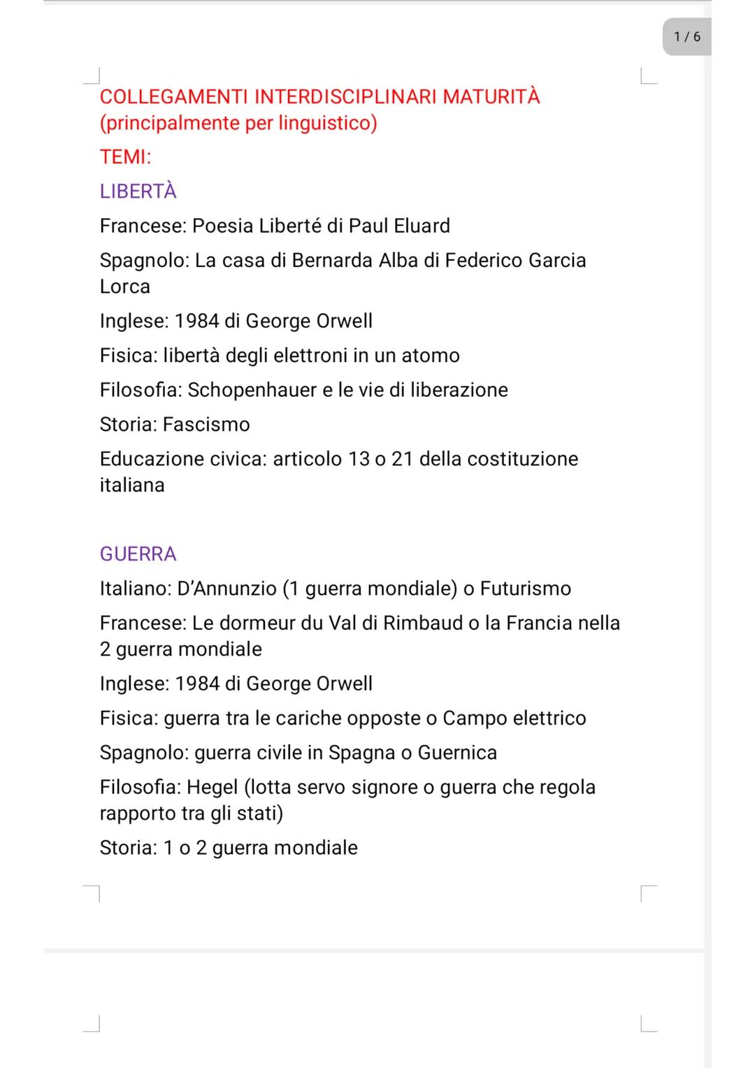 COLLEGAMENTI INTERDISCIPLINARI MATURITÀ
(principalmente per linguistico)
TEMI:
LIBERTÀ
Francese: Poesia Liberté di Paul Eluard
Spagnolo: La