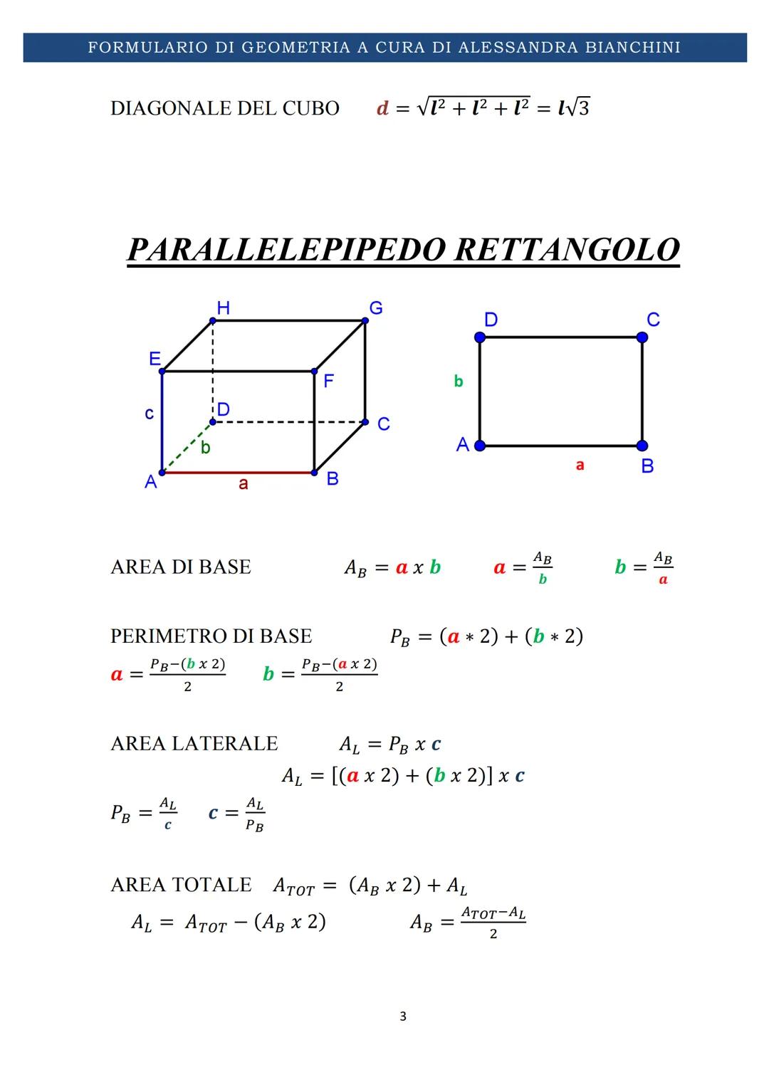 # FORMULARIO DI GEOMETRIA A CURA DI ALESSANDRA BIANCHINI
# FORMULARIO DI
# GEOMETRIA SOLIDA
1 FORMULARIO DI GEOMETRIA A CURA DI ALESSANDRA
