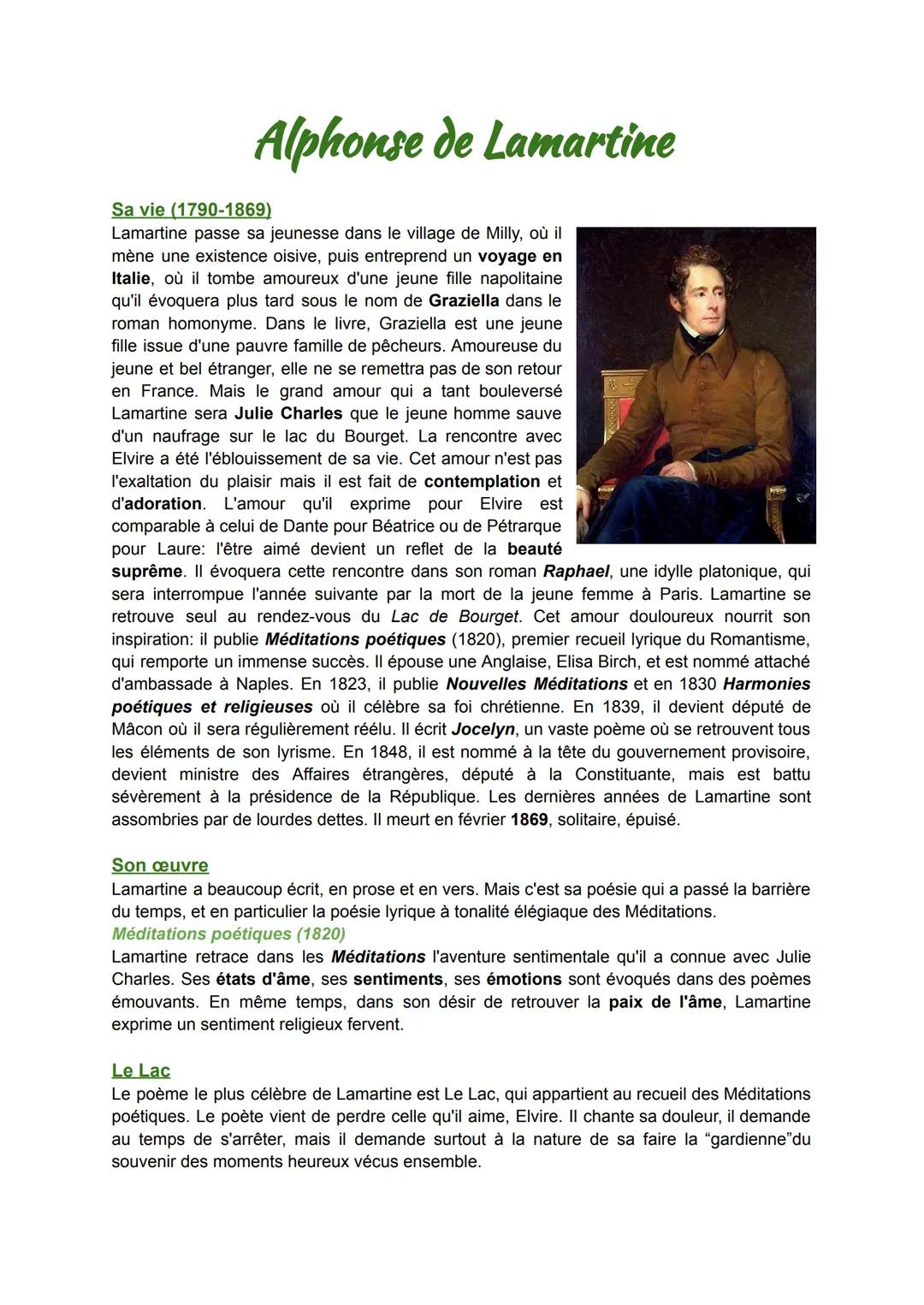 # Alphonse de Lamartine
Sa vie (1790-1869)
Lamartine passe sa jeunesse dans le village de Milly, où il
mène une existence oisive, puis ent