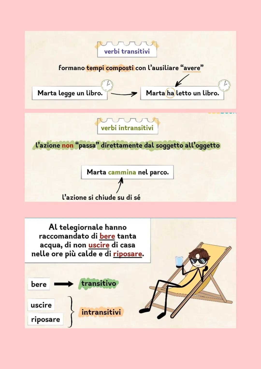 I VERBI POSSONO ESSERE
TRANSITIVI O INTRANSITIVI
verbi transitivi
l'azione "passa" direttamente dal soggetto all'oggetto
lat. "transire" = p
