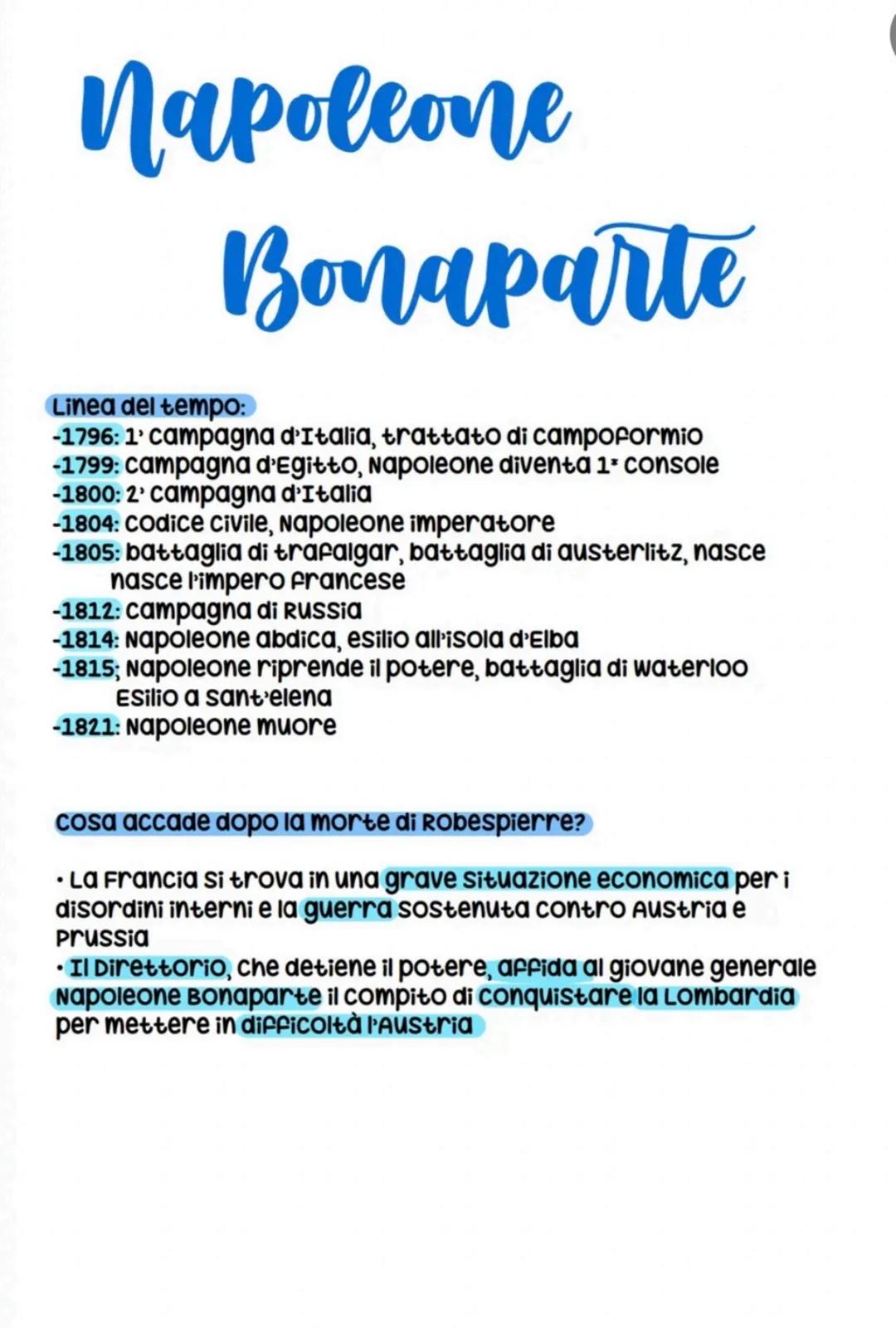 # Napoleone
# Bonaparte
Linea del tempo:
-1796: 1' campagna d'Italia, trattato di campoformio
-1799: campagna d'Egitto, Napoleone divent