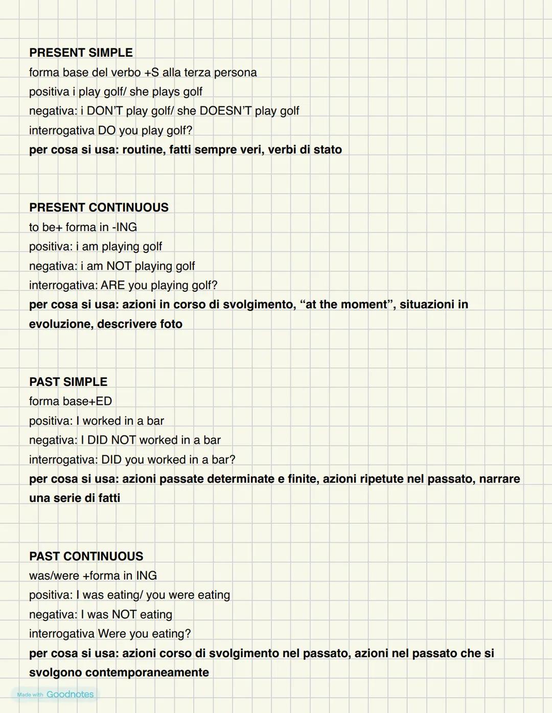 PRESENT SIMPLE
forma base del verbo +S alla terza persona
positiva i play golf/ she plays golf
negativa: i DON'T play golf/ she DOESN'T pla