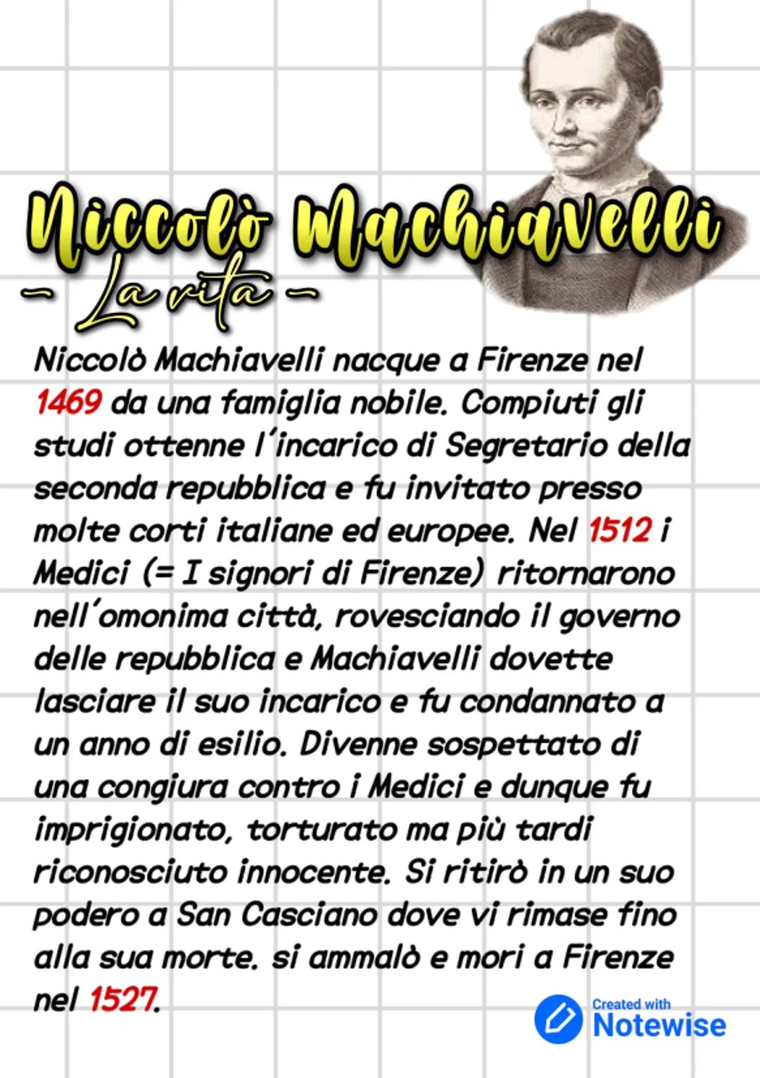 Niccolò Machiavelli
- La vila -
-
Niccolò Machiavelli nacque a Firenze nel
1469 da una famiglia nobile. Compiuti gli
studi ottenne l'incaric