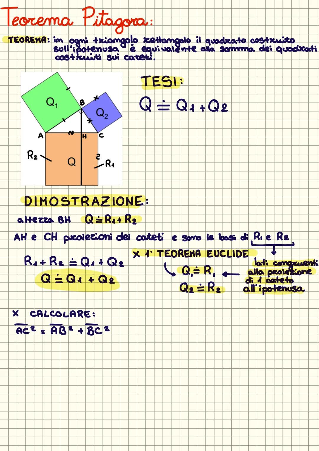 # Primo Teorema di EUCLIDE:
TEOREMA: In ogni triangolo rettangolo il quadrato costruito su un
cateto é equivalente al rettangolo che ha i la