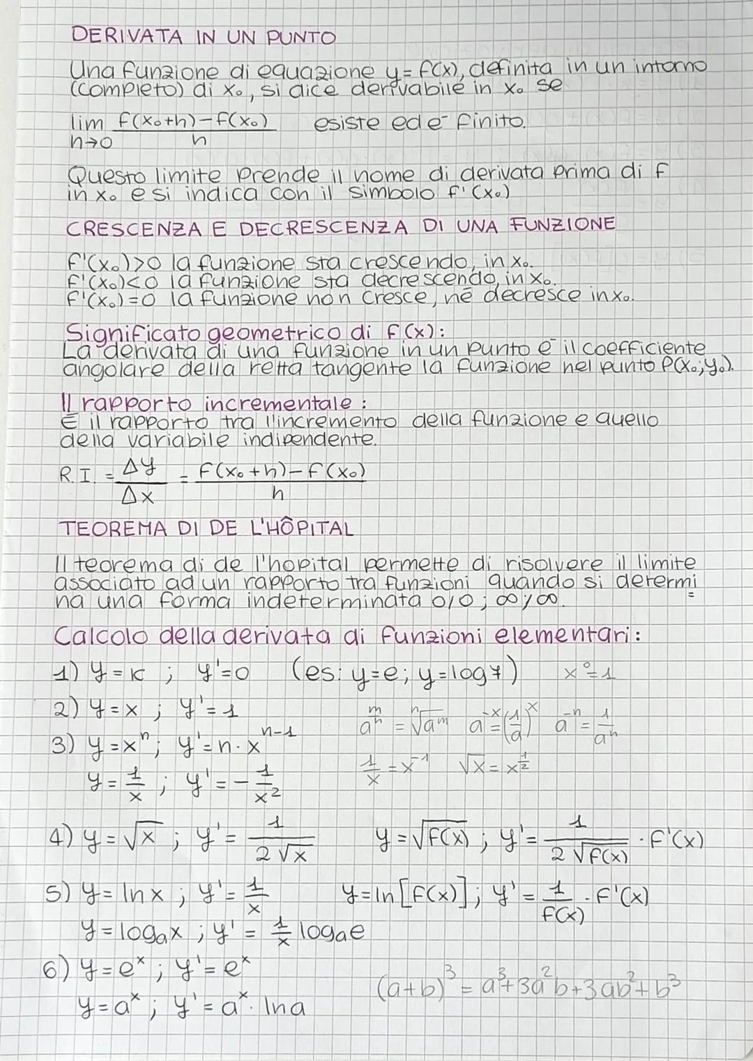 # DERIVATA IN UN PUNTO
Una funzione di equazione y = f(x), definita in un intorno
(completo) di xo, si dice derivabile in xo se
lim f(xoth