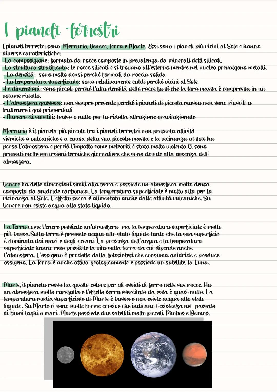# I pianeti terrestri
I pianeti terrestri sono: Mercurio, Venere, Terra e Marte. Essi sono i pianeti più vicini al Sole e hanno
diverse car