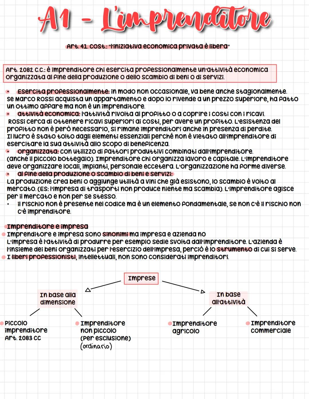 A1 - L'in prenditore
Art. 41. Cost: "l'iniziativa economica privata è libera"
Art. 2082 C.C.: è imprenditore chi esercita professionalmente