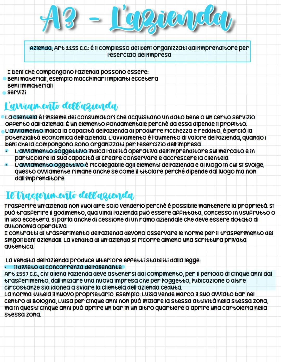 A1 - L'in prenditore
Art. 41. Cost: "l'iniziativa economica privata è libera"
Art. 2082 C.C.: è imprenditore chi esercita professionalmente