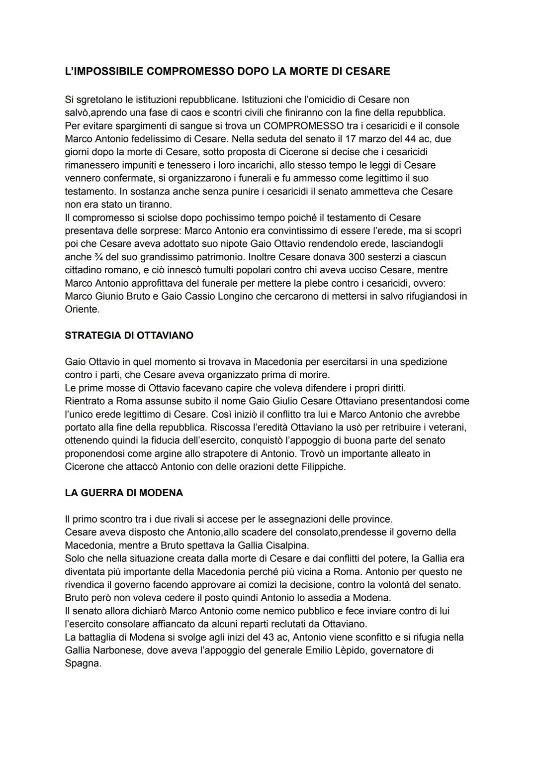 # L'IMPOSSIBILE COMPROMESSO DOPO LA MORTE DI CESARE
Si sgretolano le istituzioni repubblicane. Istituzioni che l'omicidio di Cesare non
sal