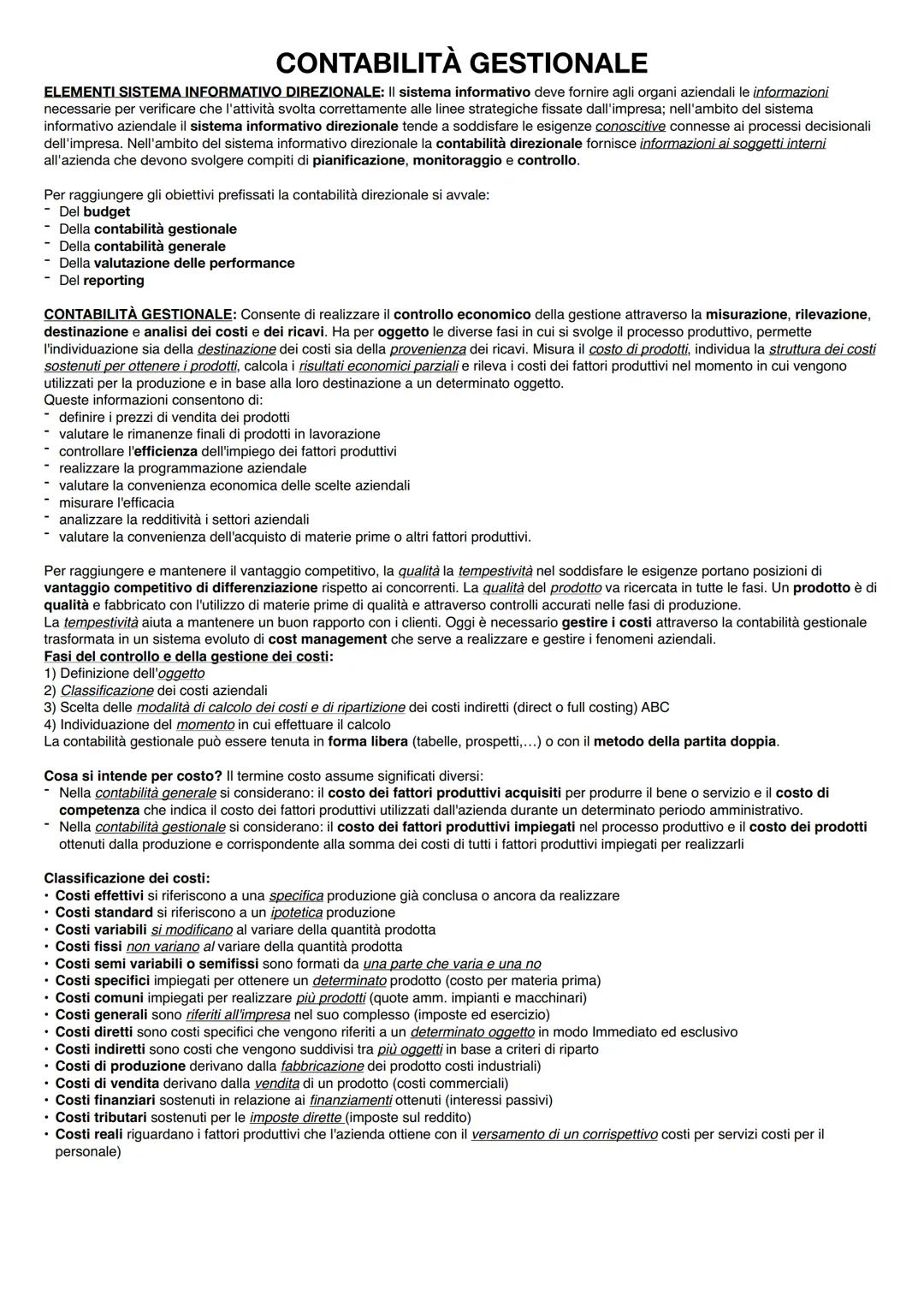 # CONTABILITÀ GESTIONALE
ELEMENTI SISTEMA INFORMATIVO DIREZIONALE: II sistema informativo deve fornire agli organi aziendali le informazion