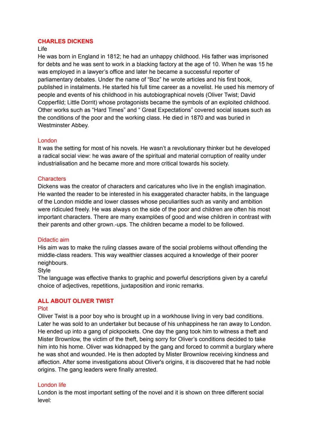 CHARLES DICKENS
Life
He was born in England in 1812; he had an unhappy childhood. His father was imprisoned
for debts and he was sent to wor