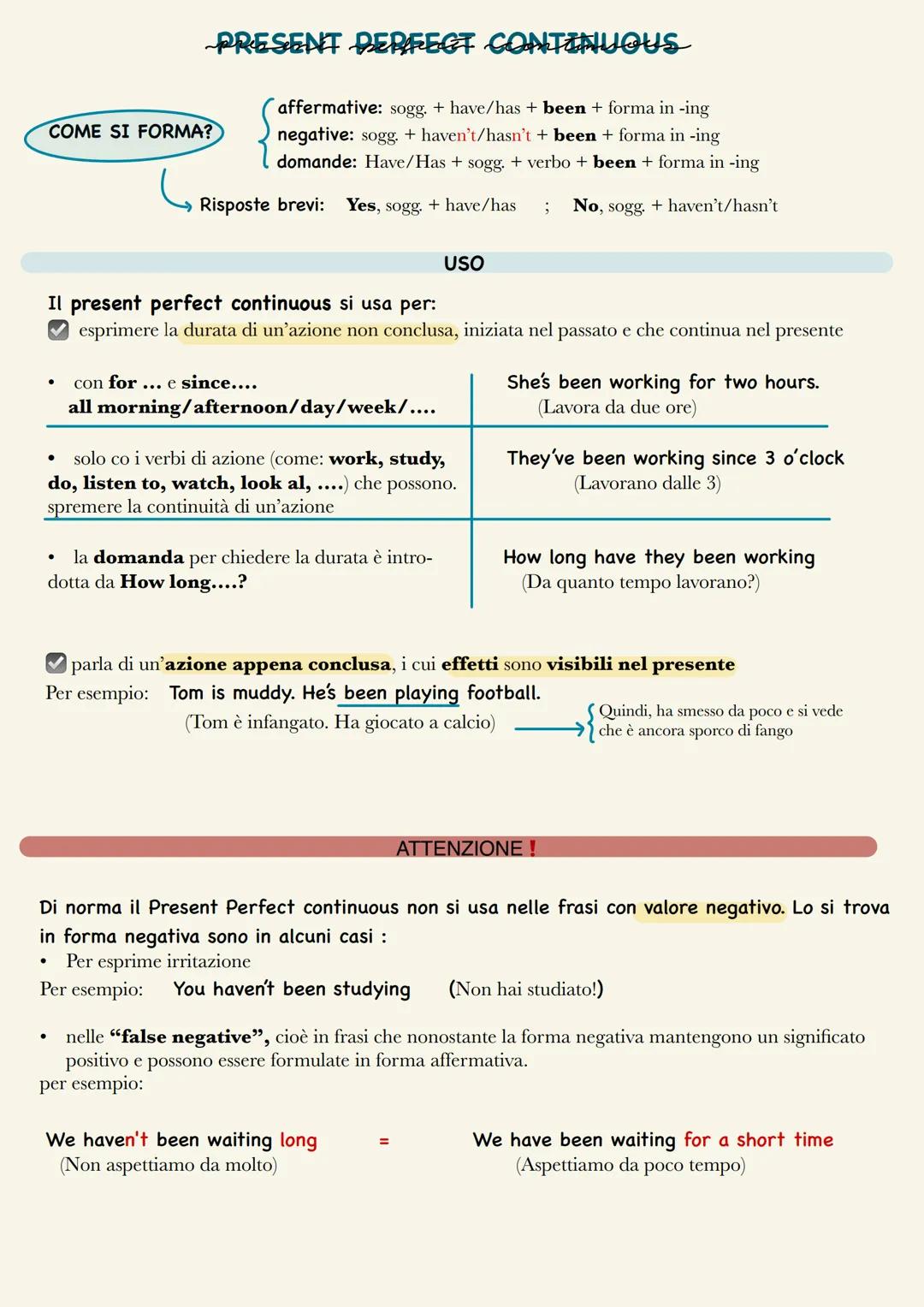 PRESENT PERFECT CONTINUOUS
affermative: sogg. +have/has been + forma in -ing
negative: sogg. + haven't/hasn't + been + forma in -ing
domande