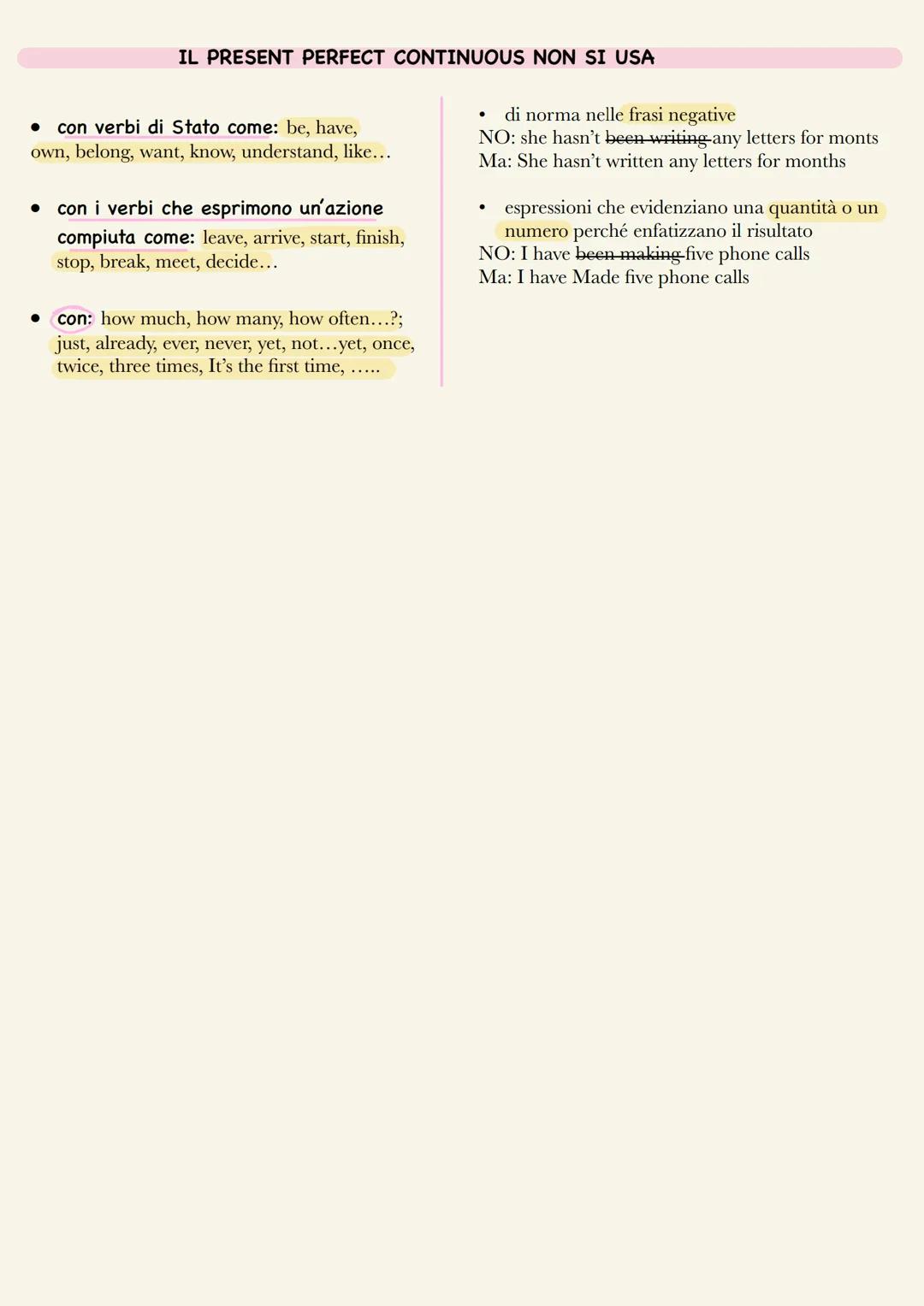 PRESENT PERFECT CONTINUOUS
affermative: sogg. +have/has been + forma in -ing
negative: sogg. + haven't/hasn't + been + forma in -ing
domande