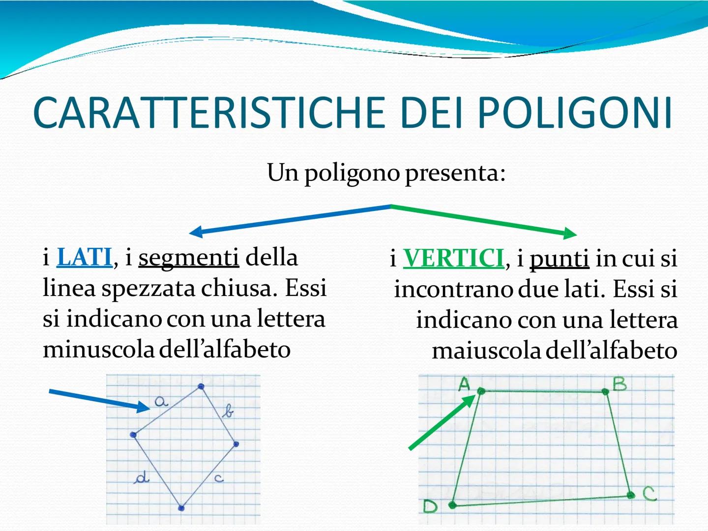 I POLIGONI # I POLIGONI
«Un POLIGONO è una parte di piano
delimitata da una linea spezzata chiusa»
• È una figura piana. Quindi ha 2 DIMEN