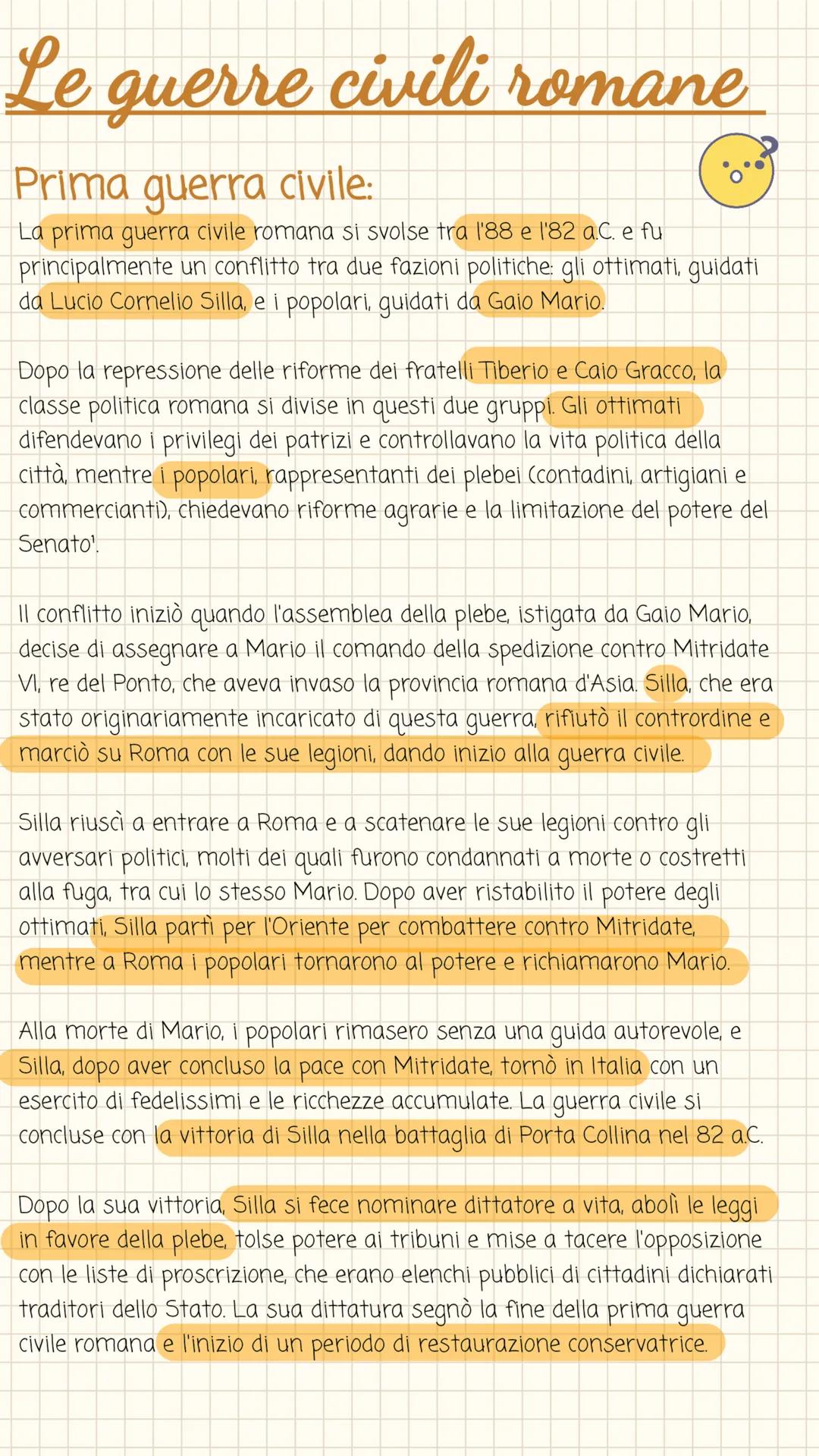 # Le guerre civili romane
Prima guerra civile:
La prima guerra civile romana si svolse tra l'88 e 1'82 a.C. e fu
principalmente un conflit