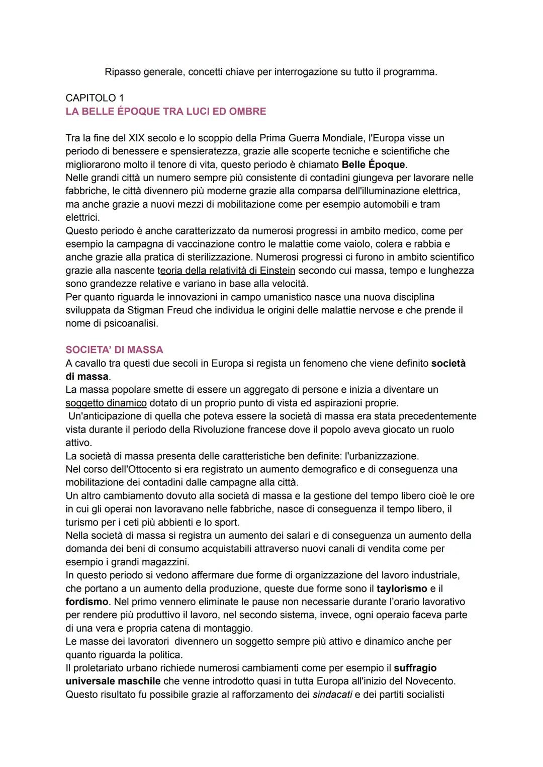 Ripasso generale, concetti chiave per interrogazione su tutto il programma.
CAPITOLO 1
LA BELLE ÉPOQUE TRA LUCI ED OMBRE
Tra la fine del X