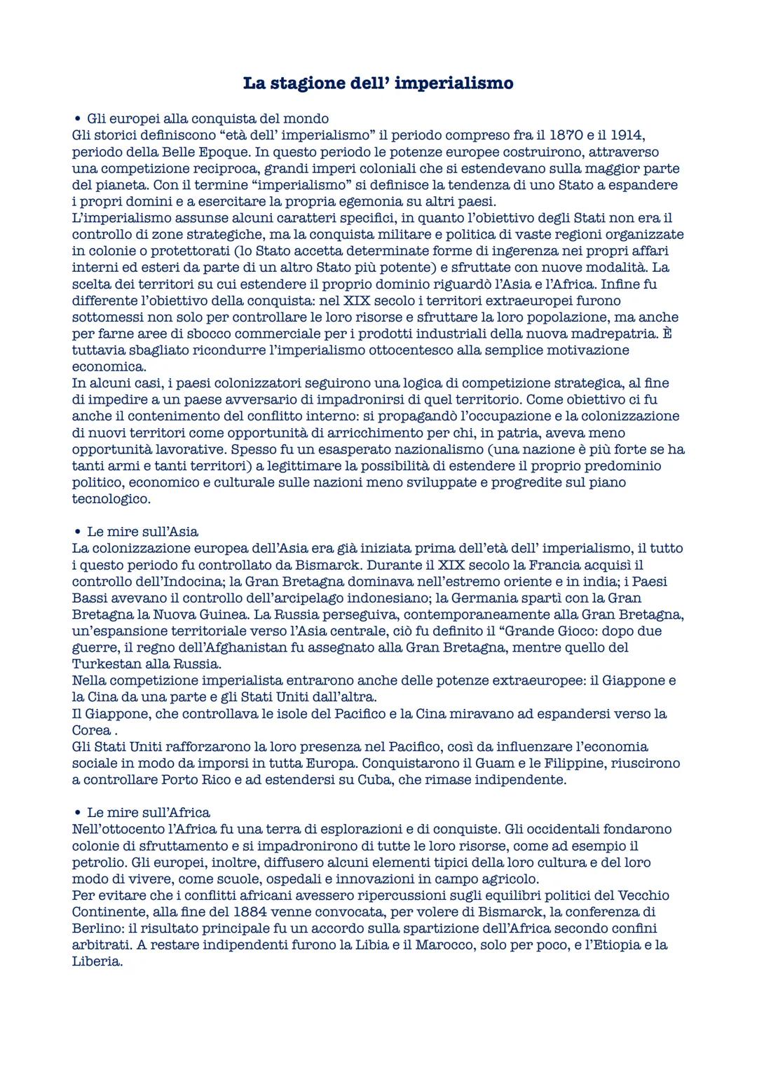 La stagione dell' imperialismo
• Gli europei alla conquista del mondo
Gli storici definiscono "età dell' imperialismo" il periodo compreso f