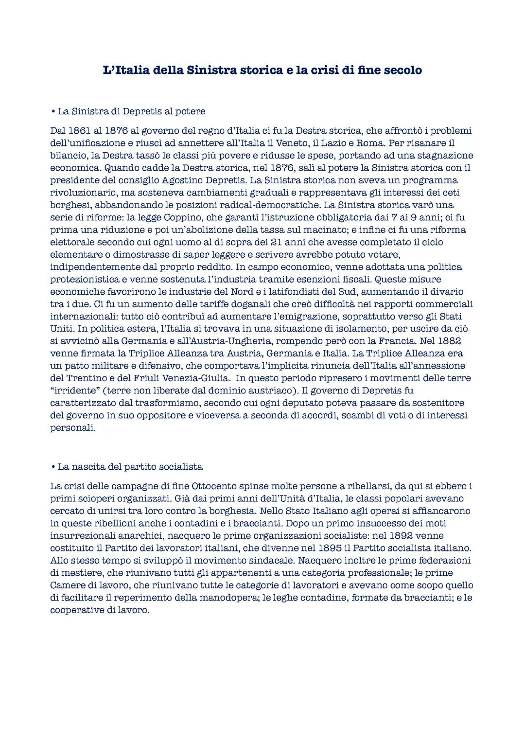 LโItalia della sinistra storica e la crisi di fine secolo