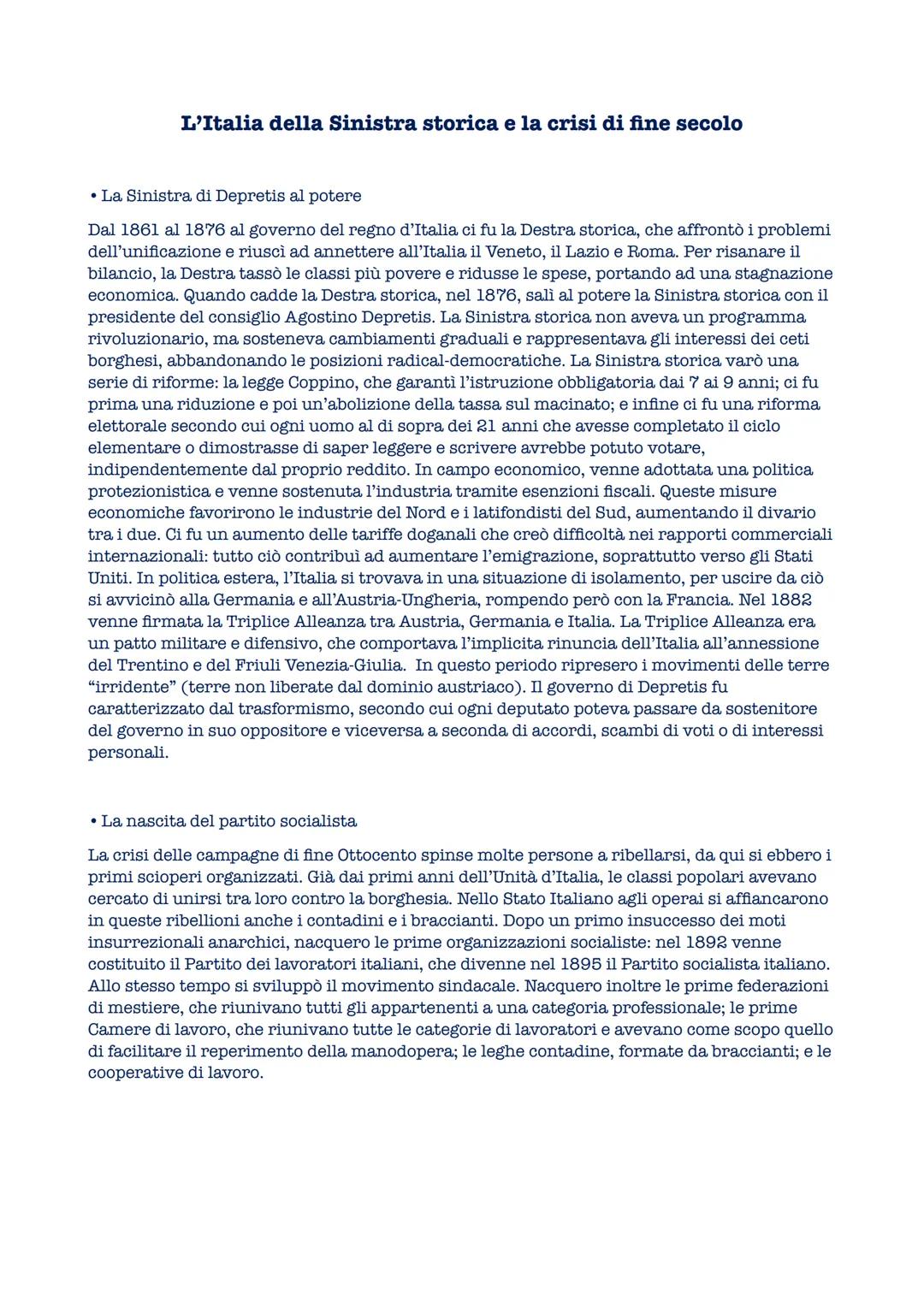 L'Italia della Sinistra storica e la crisi di fine secolo
โข La Sinistra di Depretis al potere
Dal 1861 al 1876 al governo del regno d'Italia